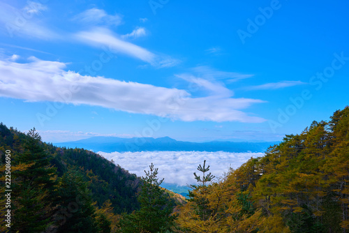 秋の長野県小諸市の黒斑山への登山途中にある車坂山付近から南西側の眺望(雲海,蓼科山など)