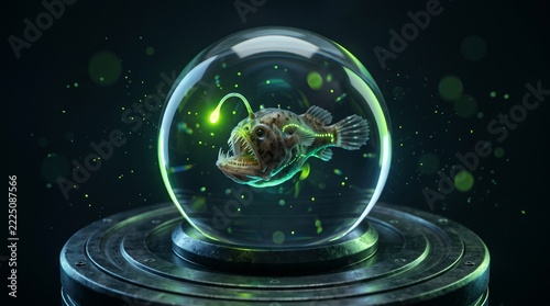 Bioluminescent Anglerfish Inside a Glass Sphere Display