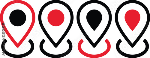 Location Pin Icons in Red Black and White for Maps and Navigation