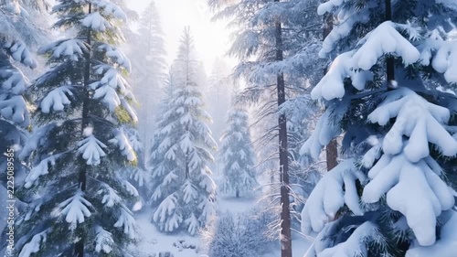 Slow pan tracking dolly through snow covered pine trees with drifting snow in winter forest at sunrise morning light