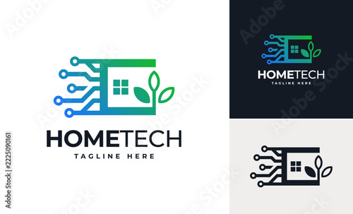 House tech minimalist wire circuit designs logo template, Creative green tech sustainability idea logo designs concept