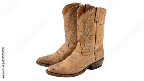 A pair of classic brown leather cowboy boots western style isolated on white background