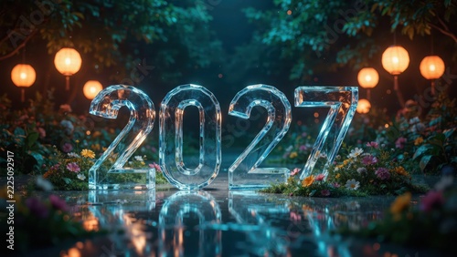 Shiny ice sculpture of the year 2027 standing in a beautiful magical garden at night with glowing lanterns
