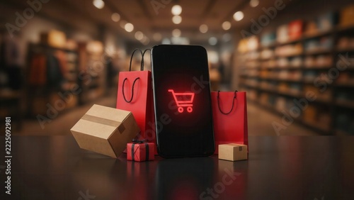 Smartphone showing online shopping cart icon surrounded by red gift bags and cardboard delivery boxes