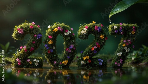 The number 2027 formed by green moss and vibrant colorful flowers in a forest setting