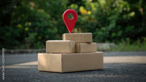 Stack of cardboard shipping boxes with a red location pin marker