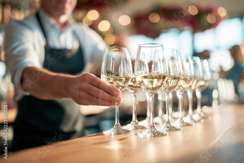 A professional bartender in an apron serves a row of white wine glasses filled with golden liquid on a wooden bar counter in a festive, blurred restaurant setting.