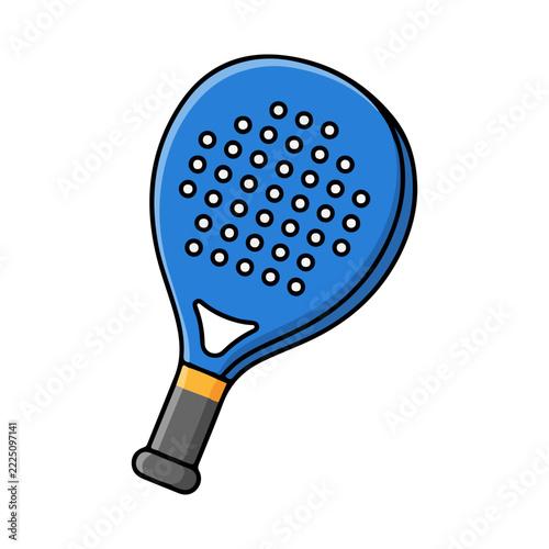 Blue padel tennis racket cartoon vector illustration in angled perspective isolated on white background