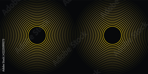 Abstract Glowing Yellow Concentric Circles on Black Background, Minimalist Geometric Neon Ring Pattern