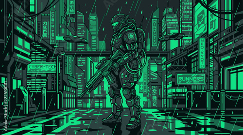 Futuristic cyborg walking through a neon cyberpunk city alley