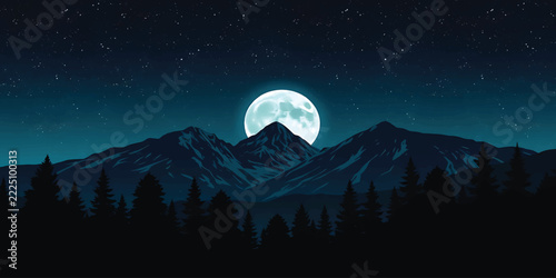 Full moon rising over mountain range with pine tree silhouettes under starry night sky