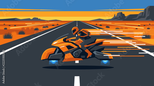 Futuristic hoverbike speeding through a desert landscape at sunset