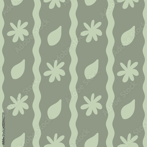 Wavy Stripe and Simple Daisy Flower Seamless Pattern in Sage Green