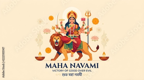 Maha Navami Happy Maha Navami Banner Illustration with Goddess Durga Seated on Lion Holding Sacred Weapons, Lotus Flowers, Marigold Blossoms, and Off White Background