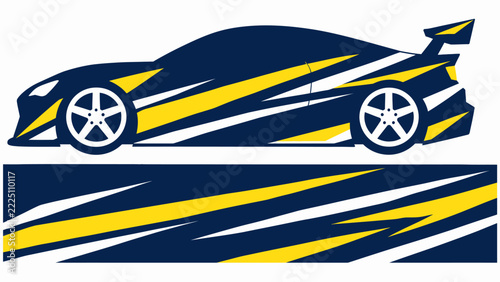 Abstract blue and yellow sports car graphic with dynamic stripes and vector design.