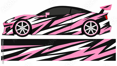 Stylized pink and black sports car with bold striped pattern illustration.