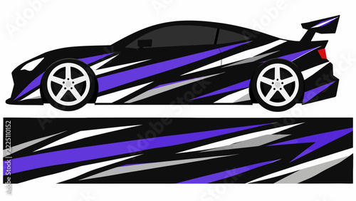 Stylized Black and Purple Race Car Graphic with Blue Accents, Dynamic Abstract Design.
