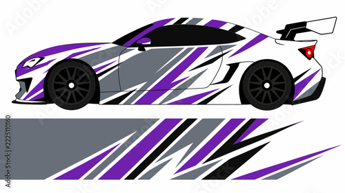 Stylized racing car graphic with purple, white and black geometric stripes.