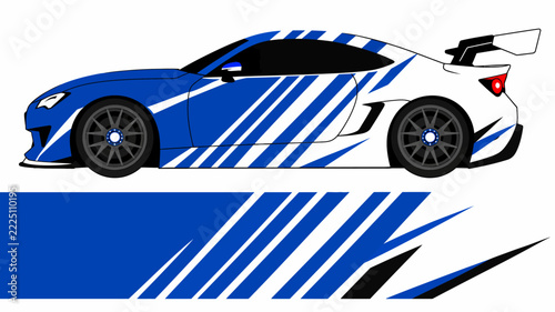 Blue and White Racing Car Illustration with Dynamic Stripes and Silhouette.