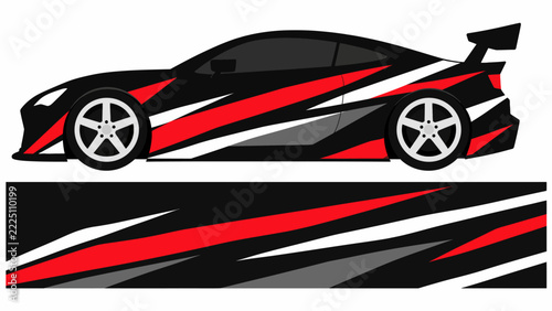 Stylized red and black white race car graphic with flowing stripes.