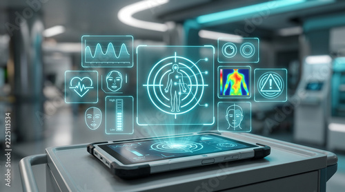 A photorealistic close-up of a rugged medical tablet displaying a futuristic blue holographic interface with patient vitals, thermal imaging, and facial analysis in a modern clinic.
