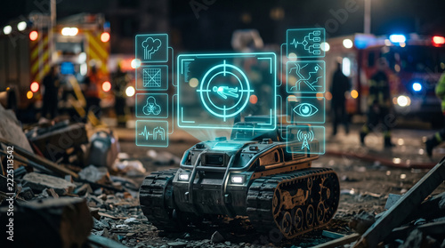 Photorealistic high-angle close-up of an autonomous tracked rescue robot with a futuristic holographic interface scanning for trapped victims in a disaster zone at night