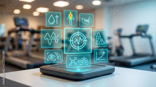 Close-up of a futuristic sports performance tracker projecting a glowing holographic health and fitness interface with biometric medical icons in a blurred gym setting