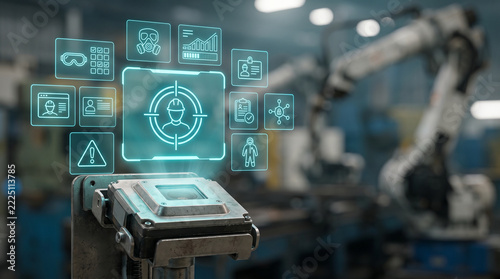 Close-up of a high-tech industrial safety scanner projecting holographic icons for worker verification and PPE compliance in a modern robotic factory setting
