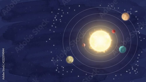 Artistic solar system illustration with planets orbiting the sun