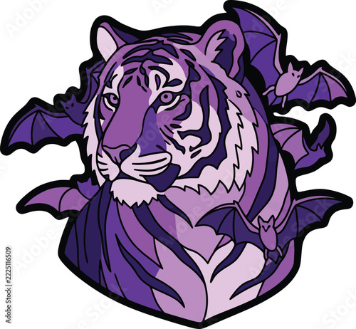 Purple tiger and bats illustration with bold black outlines and flat shading
