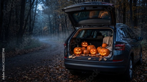 Glowing Halloween Pumpkins in a Car Trunk at Night