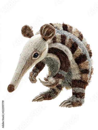 Cute Knitted Anteater Amigurumi Toy With Brown And Cream Patterns Standing On White Background