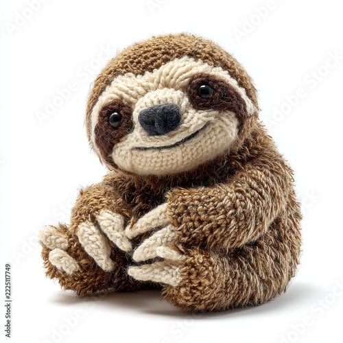 Cute Knitted Sloth Toy With Brown And Cream Textured Yarn Isolated On A Clean White Background