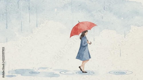 watercolor painting of a woman with red umbrella walking in the rain