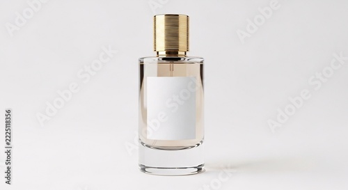 Elegant glass perfume bottle with gold cap on white background