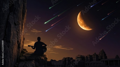 Silhouette of a man playing guitar on a rocky cliff at night under a giant crescent moon and colorful meteor shower over ancient temple ruins, scenic fantasy landscape with negative space.