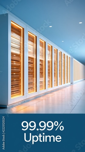 Glowing orange interior lights and white cabinets forming server rack aisle perspective in vertical data center