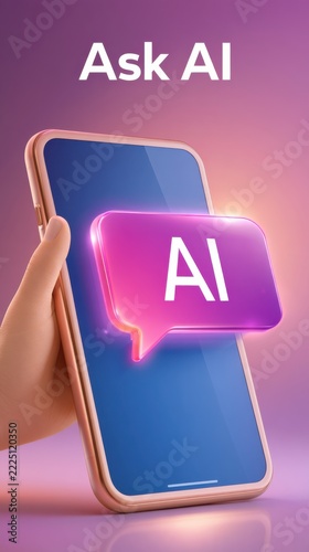 Glowing pink chat bubble with AI text floating over smartphone screen held in hand, digital communication concept