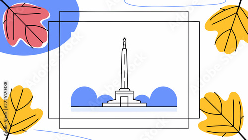 Autumn city landmark illustration with monument, colorful leaves, blue clouds and geometric frame on white background