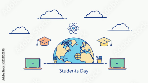 Students day education concept with globe, books, laptops, graduation caps and science symbol representing global learning and academic knowledge