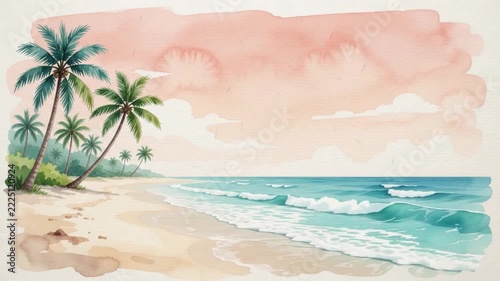 watercolor painting of tropical beach and palm trees and sunset sky