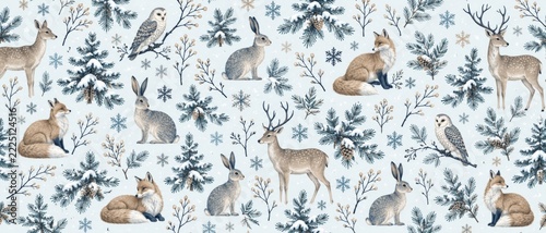 Winter woodland pattern featuring deer, rabbits, foxes, and owls among frosted evergreen branches and blue snowflakes, creating festive nature themed textile artwork with seamless decorative repeat