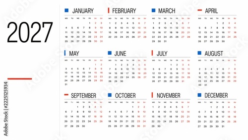 Minimalist 2027 Swiss calendar poster displays twelve monthly grids with red and blue accents, large year numerals, and generous white copy space for planning, scheduling, business, and editorial use