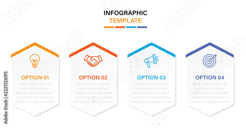 Hexagonal style 4 phase business infographic template with presentation, editable text space and geometric frames or outline icons. vector illustration.