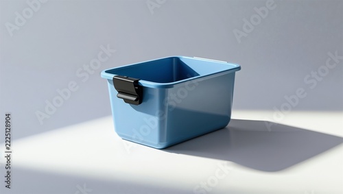 Blue plastic storage bin with a black clip in hard sunlight