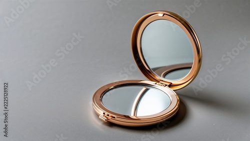 Open round compact mirror with a polished gold toned case