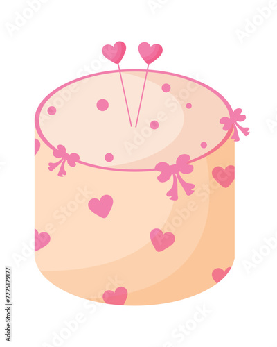 Pink bento cake vector illustration with ribbon bows and heart cake toppers for valentines day celebration