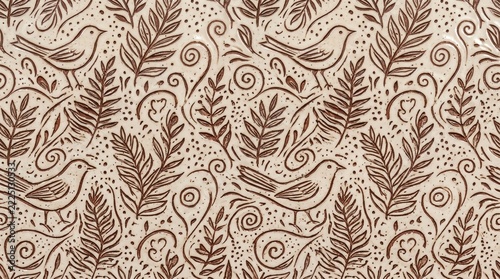 Seamless Sgraffito Scratched Ceramic Pattern with Birds, Leaves and Spirals in Cream and Terracotta