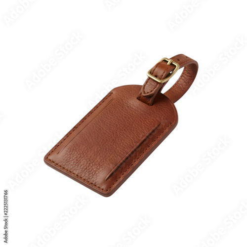 Brown leather luggage tag with brass buckle isolated on transparent background