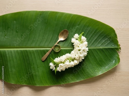 Banana leaf with jasmine garland and gold ring flatlay
